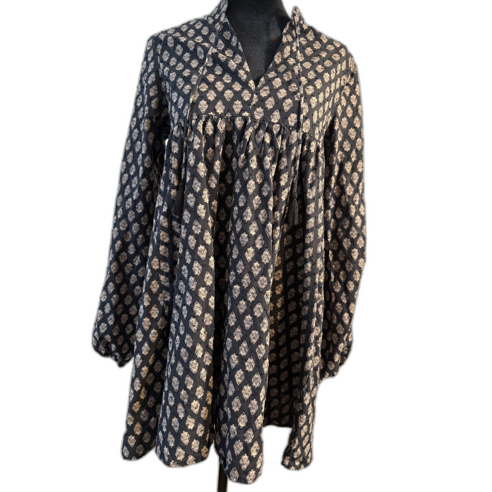 H&M Navy Boho Block Print Tunic Mini Dress — Long Sleeve, V-Neck, Peplum